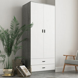 Urbnliving 180Cm Tall Wooden 2 Door Wardrobe Ash Grey Carcass And White Drawers With 2 Drawers Bedroom Storage Hanging Bar Clothes - thumbnail 3