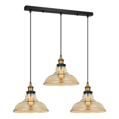 Luminosa Lighting Luminosa Industrial And Retro Hanging Pendant Black, Gold 3 Light  With Amber Shade, E27 Dimmable