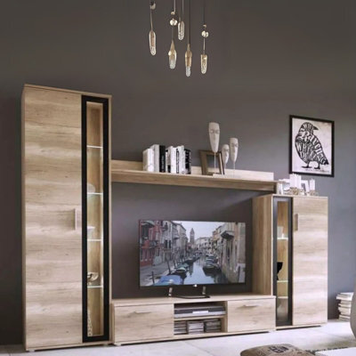 Bentley Modern Tv Entertainment Unit Oak Grey Black Glass Living Room Furniture Set With Led Lights - image 1