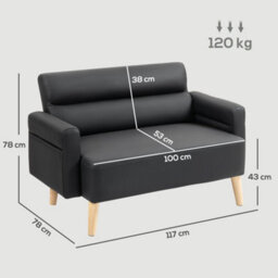 Homcom 2 Seater Sofa Settee, Modern Faux Leather Couch With Wood Legs - thumbnail 3