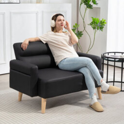 Homcom 2 Seater Sofa Settee, Modern Faux Leather Couch With Wood Legs - thumbnail 1