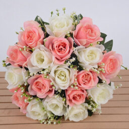 Artificial Silk Rose Bouquet - 18 Heads (Pink & Beige) - Lifelike Floral Decor For Wedding & Home