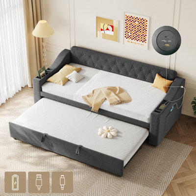 Btm 3Ft Daybed 90X190Cm With Charging Station, Armrest Storage And Pullout Trundle, Linen Grey (No Mattress) - image 1