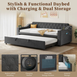 Btm 3Ft Daybed 90X190Cm With Charging Station, Armrest Storage And Pullout Trundle, Linen Grey (No Mattress) - thumbnail 8