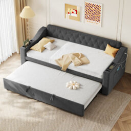 Btm 3Ft Daybed 90X190Cm With Charging Station, Armrest Storage And Pullout Trundle, Linen Grey (No Mattress) - thumbnail 4
