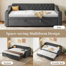 Btm 3Ft Daybed 90X190Cm With Charging Station, Armrest Storage And Pullout Trundle, Linen Grey (No Mattress) - thumbnail 6