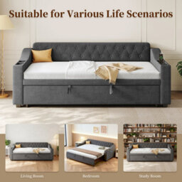 Btm 3Ft Daybed 90X190Cm With Charging Station, Armrest Storage And Pullout Trundle, Linen Grey (No Mattress) - thumbnail 7