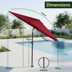 Keplin 2.7M Tilting Parasol Umbrella With Crank & Tilt, Steel Frame Sun Shade With Cover, 180G Uv-Resistant Polyester,  Dark Red - thumbnail 9