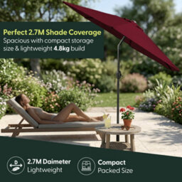Keplin 2.7M Tilting Parasol Umbrella With Crank & Tilt, Steel Frame Sun Shade With Cover, 180G Uv-Resistant Polyester,  Dark Red - thumbnail 6