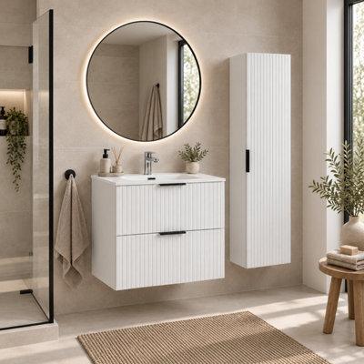 Impact Furniture Bathroom Furniture Set 800mm Vanity Unit With Basin Tallboy Storage Cabinet White Ribbed Fluted Adel - image 1