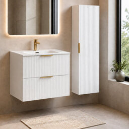 Impact Furniture Bathroom Furniture Set 800mm Vanity Unit With Basin Tallboy Storage Cabinet White Ribbed Fluted Adel - thumbnail 2