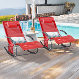 Sobuy Ogs28-Rx2, Set Of 2 Outdoor Garden Rocking Sun Lounger Recliner Relaxing Chair With Headrest And Side Bag, Red - thumbnail 2
