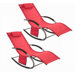 Sobuy Ogs28-Rx2, Set Of 2 Outdoor Garden Rocking Sun Lounger Recliner Relaxing Chair With Headrest And Side Bag, Red