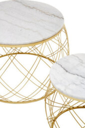 Orsina Set Of 2 White Marble Top Side Tables With Gold Frame, Round Tempered Marble Tops On Gold Iron Bases - thumbnail 5