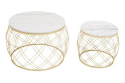 Orsina Set Of 2 White Marble Top Side Tables With Gold Frame, Round Tempered Marble Tops On Gold Iron Bases - thumbnail 2