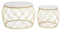 Orsina Set Of 2 White Marble Top Side Tables With Gold Frame, Round Tempered Marble Tops On Gold Iron Bases - thumbnail 1