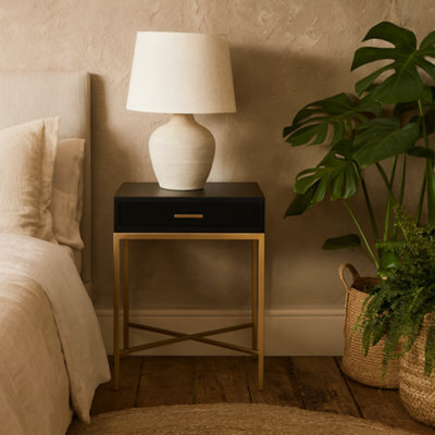 Wyld Haus Murano Black Gloss Bedside Table With Gold Legs And One Drawer - image 1
