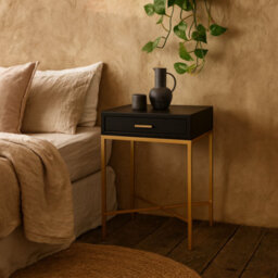 Wyld Haus Murano Black Gloss Bedside Table With Gold Legs And One Drawer - thumbnail 2