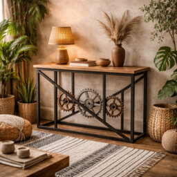 Wyld Haus Hanko Industrial Reclaimed Wood And Metal Cogs Console Table, 1200 X 400 X 800 mm