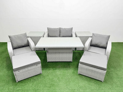 Fimous Light Grey Rattan Garden Furniture Set Sofa Set Reclining Chair Adjustable Lifting Table 6 Seater 2 Big Stools 2 Side Table - image 1