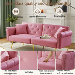 Matteo Modern Pink Velvet 2-Seater Sofa Bed With 3-Stage Adjustable Backrest & Gold Metal Feet - Space-Saving - thumbnail 8