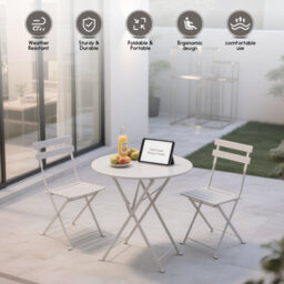 Mof 3-Piece Folding Bistro Set, Outdoor Garden Metal Table And Chairs, Powder-Coated Steel, 4 Colours Available (Grey) - thumbnail 2