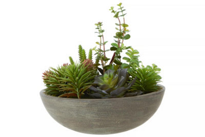 Orsina Mixed Succulent In Stone Effect Pot, Faux Multicoloured Succulent Arrangement In Rustic Grey Planter - image 1