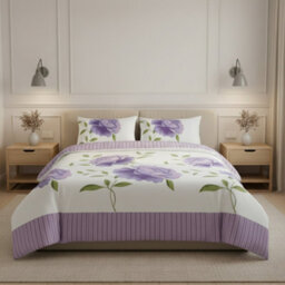 Reversible Floral Duvet Set Elegant Flower Stripe Pattern Bedding For Home Decor Lilac - thumbnail 1