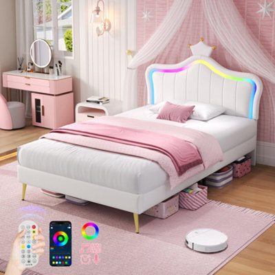 Btm 3Ft Single Pu Bed Cream White With Led Crown Headboard And Solid Slats Easy Assembly - image 1