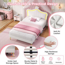 Btm 3Ft Single Pu Bed Cream White With Led Crown Headboard And Solid Slats Easy Assembly - thumbnail 7