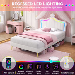 Btm 3Ft Single Pu Bed Cream White With Led Crown Headboard And Solid Slats Easy Assembly - thumbnail 6
