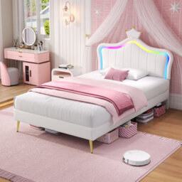 Btm 3Ft Single Pu Bed Cream White With Led Crown Headboard And Solid Slats Easy Assembly - thumbnail 4