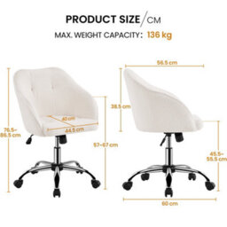 Yaheetech Height Adjustable Swivel Desk Chair With Castors And Armrests - Ivory / Boucle - thumbnail 3