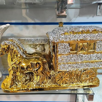Biznest Gold And Silver Horse With Square Wagon Gypsy Crushed Diamond Carriage Ornament Shelf Sitter Caravan