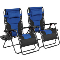 Yaheetech Navy Blue/black 2Pcs Zero Gravity Chair With Cupholder/pillow Sun Reclining Loungers Adjustable Chairs - thumbnail 2