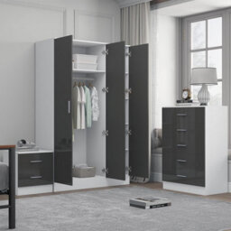 Reflect 3 Door Plain Wardrobe, 5 Drawer Chest, 2 Drawer Bedside - Grey Gloss & Matt White - Modern Bedroom Furniture Set - thumbnail 2