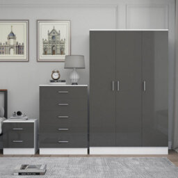 Reflect 3 Door Plain Wardrobe, 5 Drawer Chest, 2 Drawer Bedside - Grey Gloss & Matt White - Modern Bedroom Furniture Set - thumbnail 3