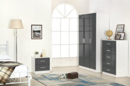 Reflect 3 Door Plain Wardrobe, 5 Drawer Chest, 2 Drawer Bedside - Grey Gloss & Matt White - Modern Bedroom Furniture Set - thumbnail 1