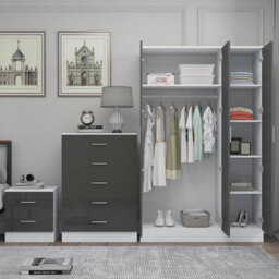 Reflect 3 Door Plain Wardrobe, 5 Drawer Chest, 2 Drawer Bedside - Grey Gloss & Matt White - Modern Bedroom Furniture Set - thumbnail 4