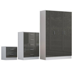 Reflect 3 Door Plain Wardrobe, 5 Drawer Chest, 2 Drawer Bedside - Grey Gloss & Matt White - Modern Bedroom Furniture Set - thumbnail 5