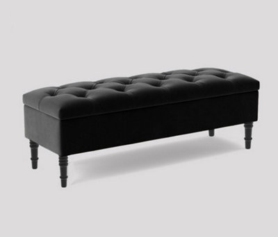 Alyana Ottoman Bench With Storage And Turned Wooden Legs, 90Cm Wide Ottoman Box - Black Plush Velvet - image 1