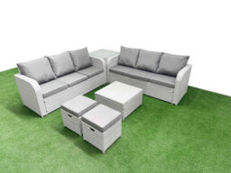 Fimous Outdoor Garden Furniture Sets 8 Seater Wicker Rattan Furniture Sofa Sets High Back Lounge Sofa Stools Side Table Light Grey - thumbnail 2