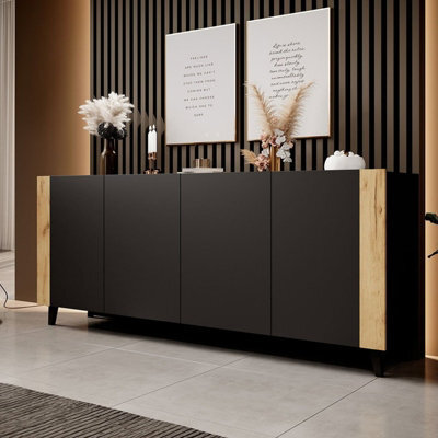 Faro Sideboard Modern Storage Unit 201Cm Pvc Veneer Finish Mdf Laminated Board With Soft Close System Black And Oak Craft - image 1