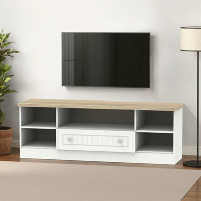 Ready Assembled White Oak Effect Tv Furniture Stand With 2 Shelves, (H)49.5Cm X (W)146.5Cm X (D)40Cm - image 1