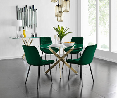 Furniturebox Uk Novara 120Cm Gold Round Dining Table And 4 Green Pesaro Black Leg Chairs - image 1