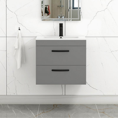 Royal Bathrooms Turin Indigo Grey Gloss 600mm Wall Hung Vanity Unit 2 Drawer With Minimalist Basin Sink & Matt Black Handles - image 1