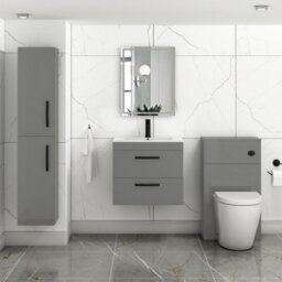 Royal Bathrooms Turin Indigo Grey Gloss 600mm Wall Hung Vanity Unit 2 Drawer With Minimalist Basin Sink & Matt Black Handles - thumbnail 4