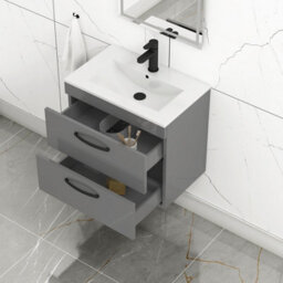Royal Bathrooms Turin Indigo Grey Gloss 600mm Wall Hung Vanity Unit 2 Drawer With Minimalist Basin Sink & Matt Black Handles - thumbnail 5