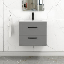 Royal Bathrooms Turin Indigo Grey Gloss 600mm Wall Hung Vanity Unit 2 Drawer With Minimalist Basin Sink & Matt Black Handles