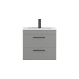 Royal Bathrooms Turin Indigo Grey Gloss 600mm Wall Hung Vanity Unit 2 Drawer With Minimalist Basin Sink & Matt Black Handles - thumbnail 6